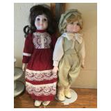 Two Dolls - Blonde Boy and Girl in Burgundy Dress