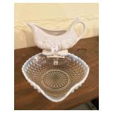Gravy Boat and Opalechent Hobnail Porringer