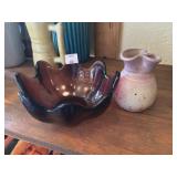 Pottery Creamer and Purple Blown Glass Bowl