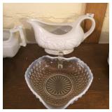 Gravy Boat and Opalescent Hobnail Porringer