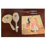 Vintage Mirror and Brush, Curlers and Hankies