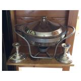 Silver Chafing Dish and Two Candle Sticks
