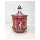 Hand Painted Cranberry Glass Candy Jar