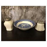 Two Old Milk Glass Shakers and a Bowl