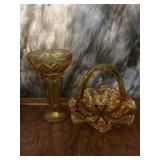 Amber Colored Glass Basket & Vase
