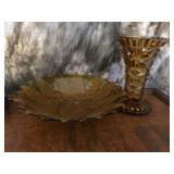 Amber Colored Glass Vase and Bowl