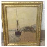 Framed antique oil on board- ship in port