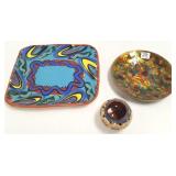 Signed enameled tray & 2 pieces art pottery