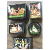 5 mini artist signed Russian lacquer boxes