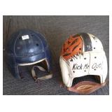 2 vintage leather football helmets- 1 with painted