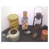 Group of primitives including Dietz lantern, tins,