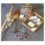 Group of Native American style shadow boxes, canes
