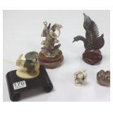 4" sterling goose, small sterling box & 3 carved