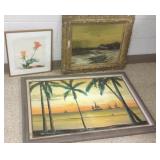 3 framed paintings- 2 oils & 1 floral watercolor