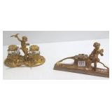 2 cherub inkwells- 1 single & 1 double with glass