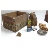 Pork & Beans crate, carved bear, Ronson lighter,