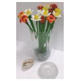 Glass vase with glass flowers, cut glass tray &