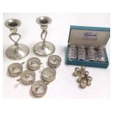Pair sterling candlesticks, shakers, silverplate,