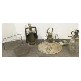 Group including primitive lantern, butter churn,