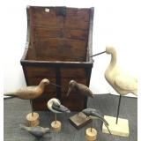Primitive bin with wood shorebirds, etc.