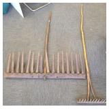 2 primitive wood rakes- one with 4