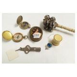 Porcelain hinged box, rattle & 2 compasses,