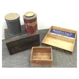 Group including wood & tin advertising crates etc
