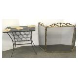 Stone top wine rack table & an ornate firescreen