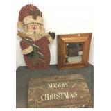 2 folk art Christmas wood items & a mirror