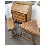 Oak drop front desk & 2 oak drop leaf side tables