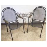 2 iron garden chairs & wire planter