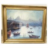Framed oil on canvas- boats in harbor- 16" x 18"
