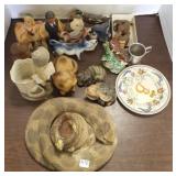 Group of figures, snake ashtrays, etc.