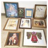 Group of framed items including antique