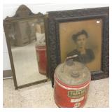 Ornate framed portrait, mirror & Farm Oyl can