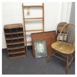 Group of primitive wood items, bin, stool, etc.