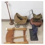 Group including stools, hat stand, doll buggy,