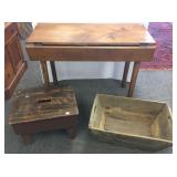 Pine drop leaf table, large bin & stool