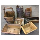 Group of wood buckets, bins, etc