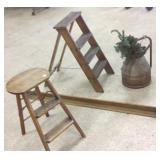 2 primitive step stools, shelf & metal can