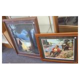 2 framed camping motif artworks- 1 is pastel
