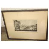 Framed pencil signed etching- farm scene- dated