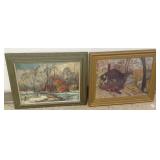 2 framed woodland cabin oils- one on canvas is