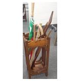 Umbrella stand with copper pan, walking sticks,