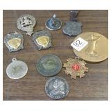 Group including antique watch fobs- bronze medal,
