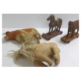 2 vintage wooden pull toys & 2 stuffed cows