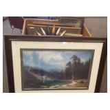 Group ornately framed prints, metal plaque- some