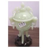 7" Oriental carved jade covered tripod urn with