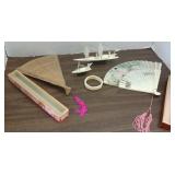 2 carved ivory boats, ivory bracelet & 2 fans *MN