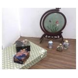 3 Chinese snuff bottles & a Chinese needlework